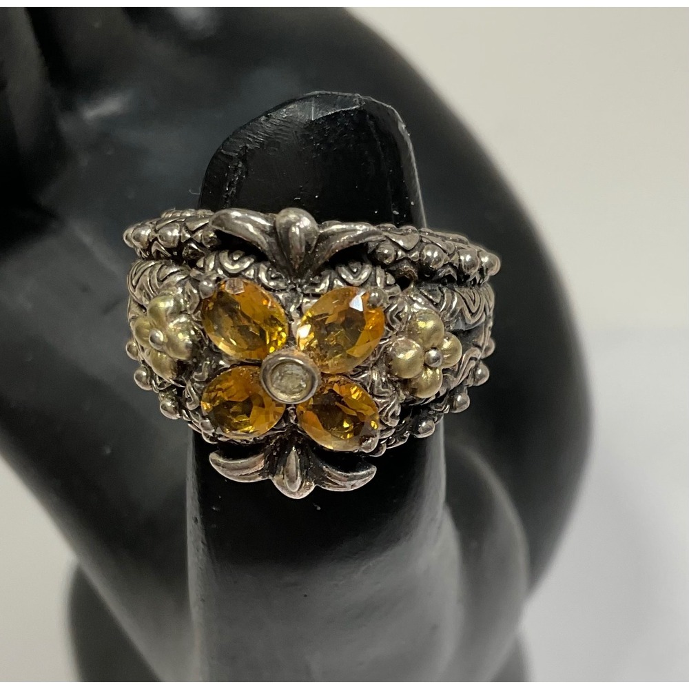 Barbara Bixby Sterling Silver 18K Gold Citrine Diamond Flower Band Ring Size 6